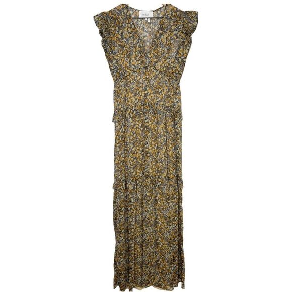 NWT ba&sh Samanta Ruffled Leaf Print Georgette Maxi Dress in Carbone - Picture 6 of 16